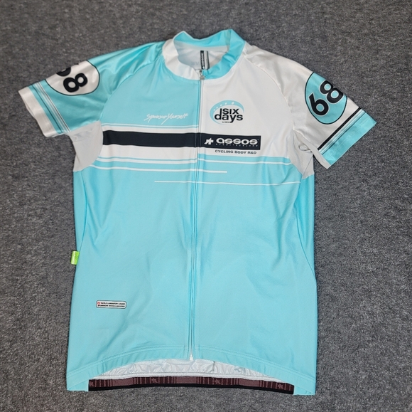 Assos Six Days Cycling Jersey Sz XLG Blue White #68 Sponsor Yourself Switzerlan - Picture 1 of 9